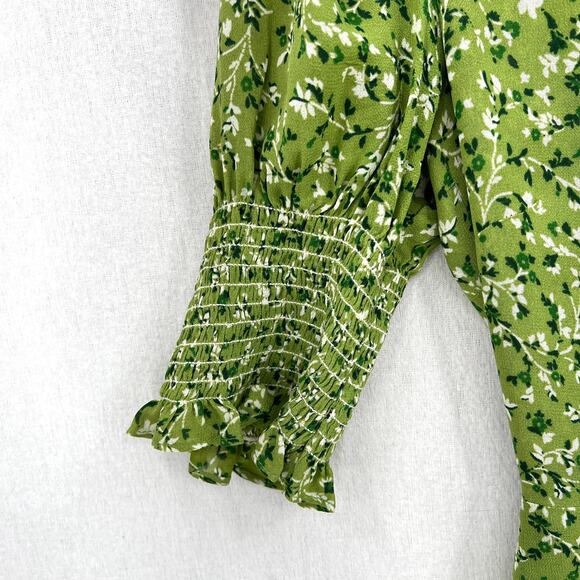 REFORMATION Alison Puff Sleeve Mini Dress Womens 8 Green Floral Button Front - Picture 8 of 15